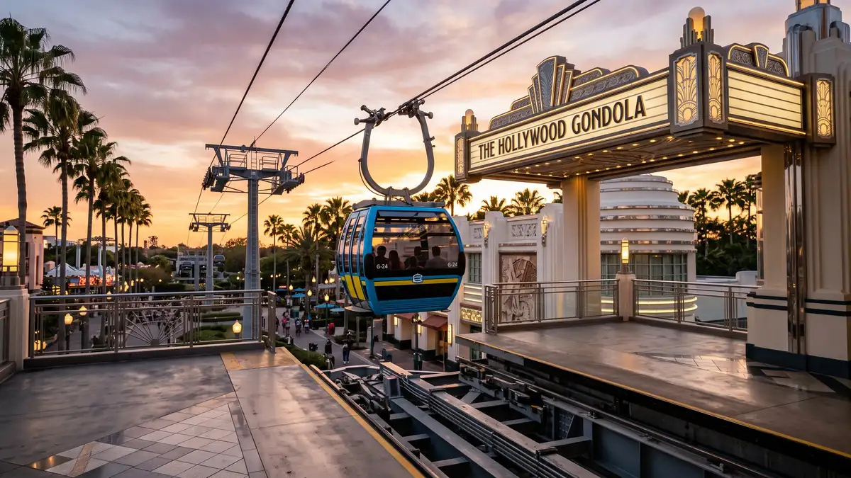 Disney Skyliner gondola system approaching Hollywood Studios with family inside