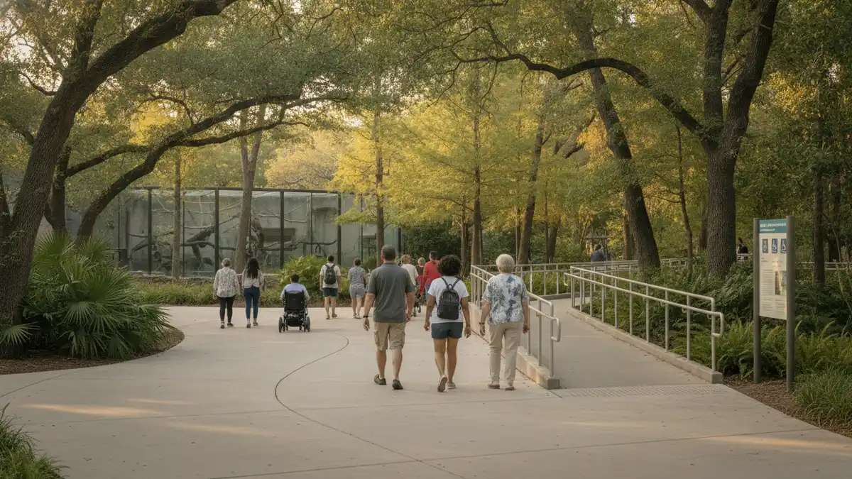 Accessible paved pathway through shaded exhibit areas at Houston Zoo in Hermann Park Houston Texas