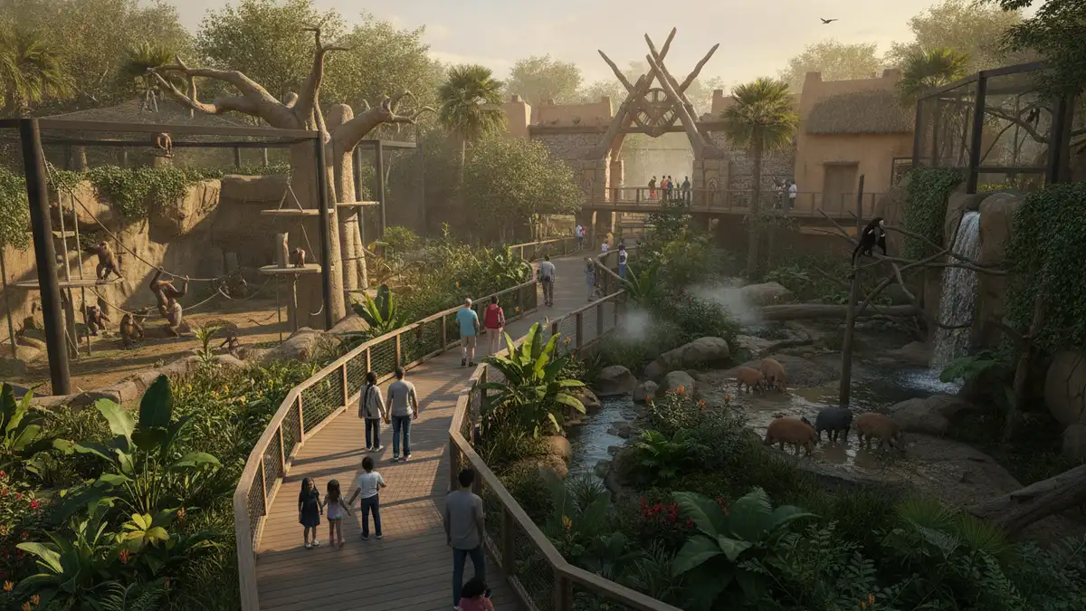 African Forest exhibit with gorilla viewing area and lush landscaping at Houston Zoo Hermann Park