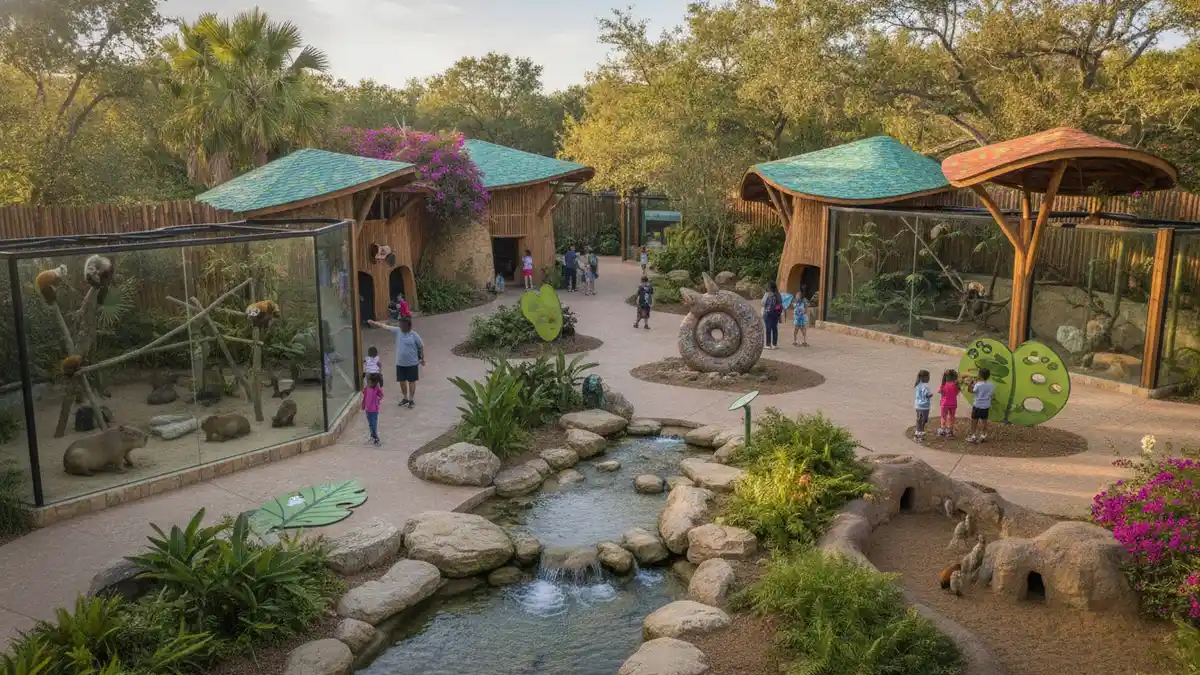 McGovern Children's Zoo splash pad and petting area with families at Houston Zoo Hermann Park