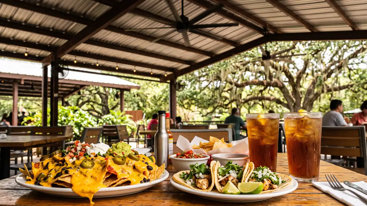 Families dining at shaded outdoor tables with zoo exhibits visible at Houston Zoo in Hermann Park Texas