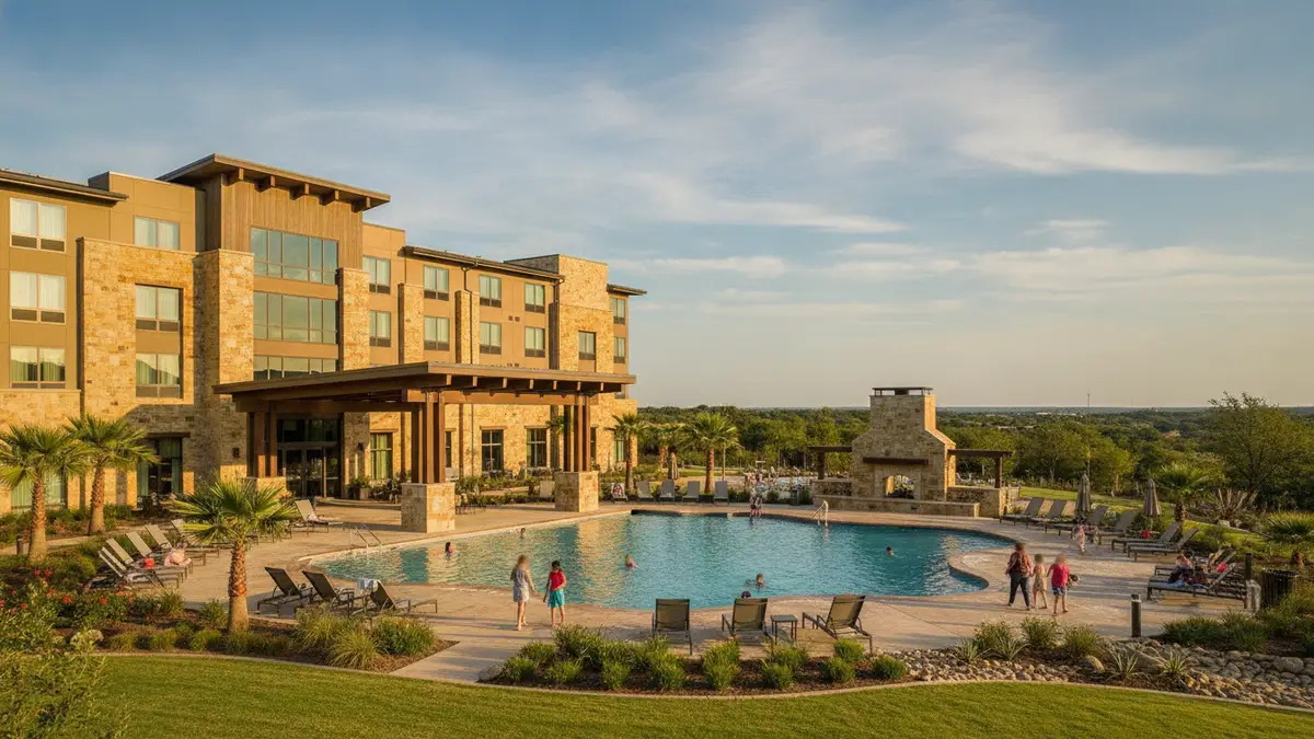 Hilton Houston Plaza Medical Center exterior with outdoor pool and family amenities near Houston Zoo