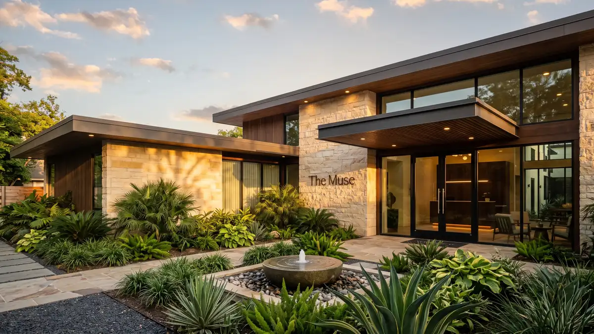 Luxury hotel exterior with pool and tropical landscaping in Houston Museum District near Houston Zoo