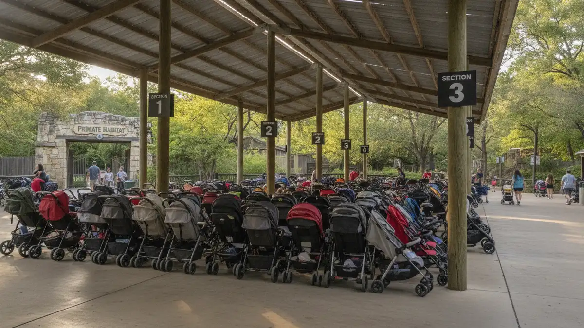 Stroller parking area near exhibit entrance with families at Houston Zoo in Hermann Park Texas