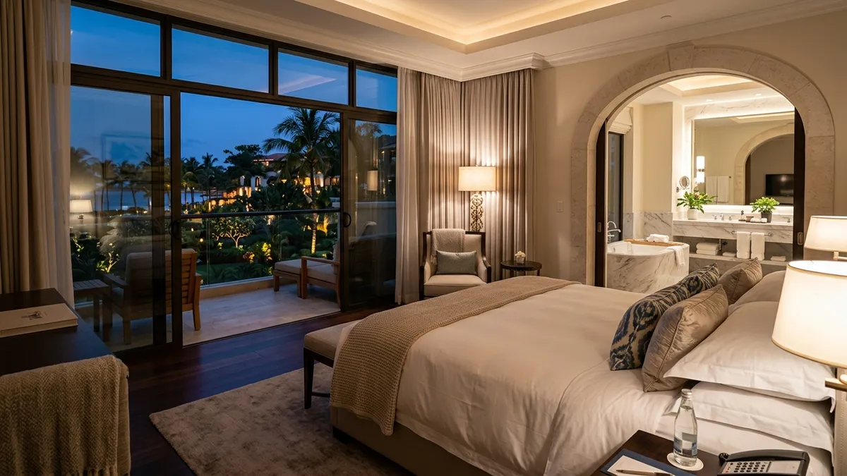 Hard Rock Hotel pool with palm trees and rock music theming at Universal Orlando Resort