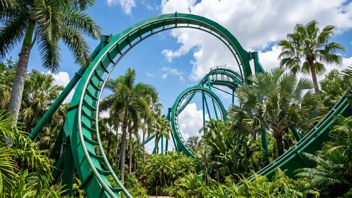 VelociCoaster roller coaster launch track against blue sky at Jurassic World Islands of Adventure