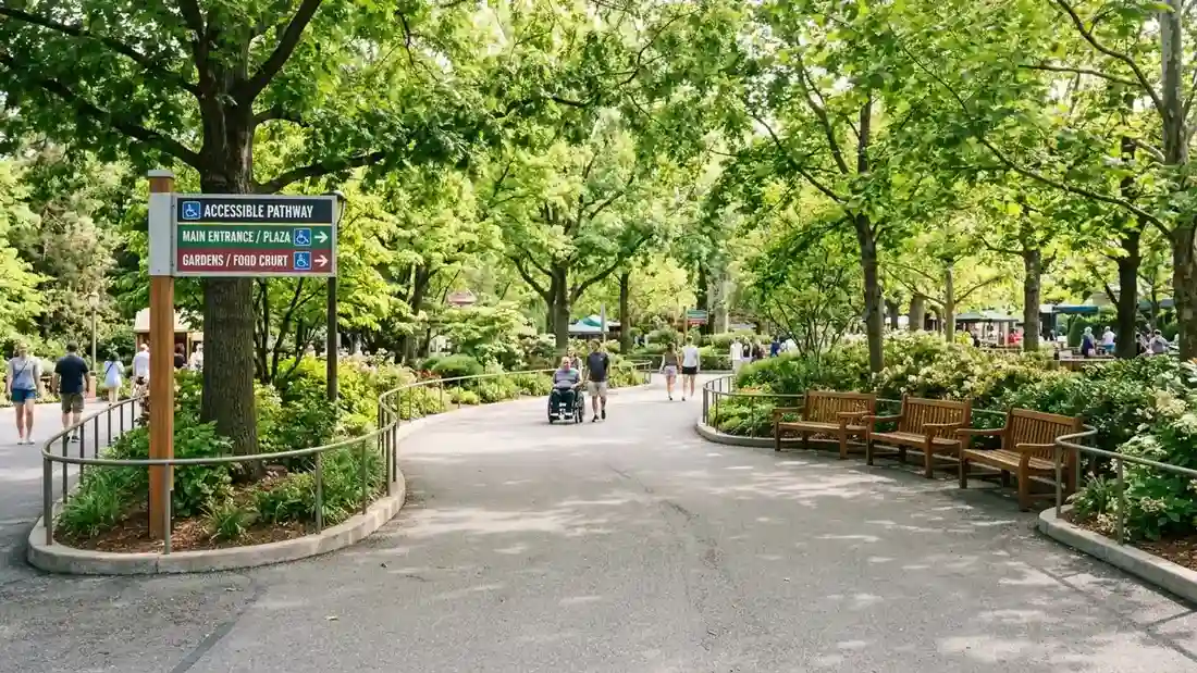Accessible pathway with wheelchair and ECV access through themed areas at Kings Island Mason Ohio