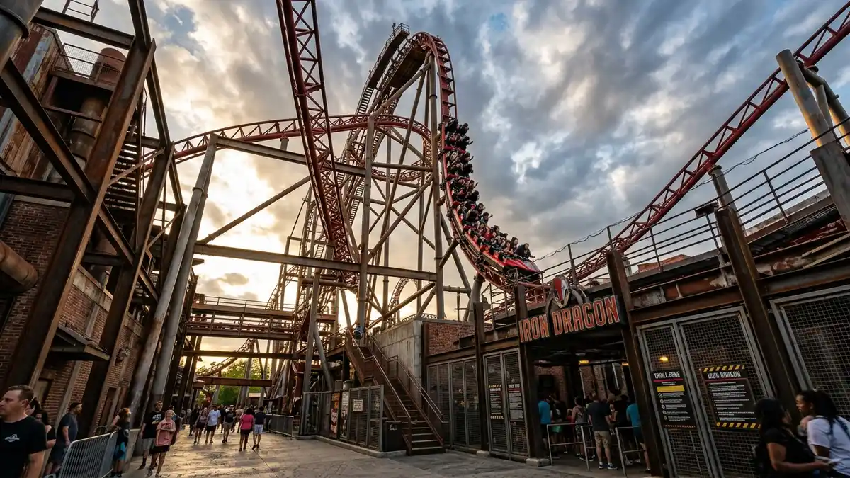 Action Zone area with Banshee inverted coaster and thrill rides at Kings Island Mason Ohio