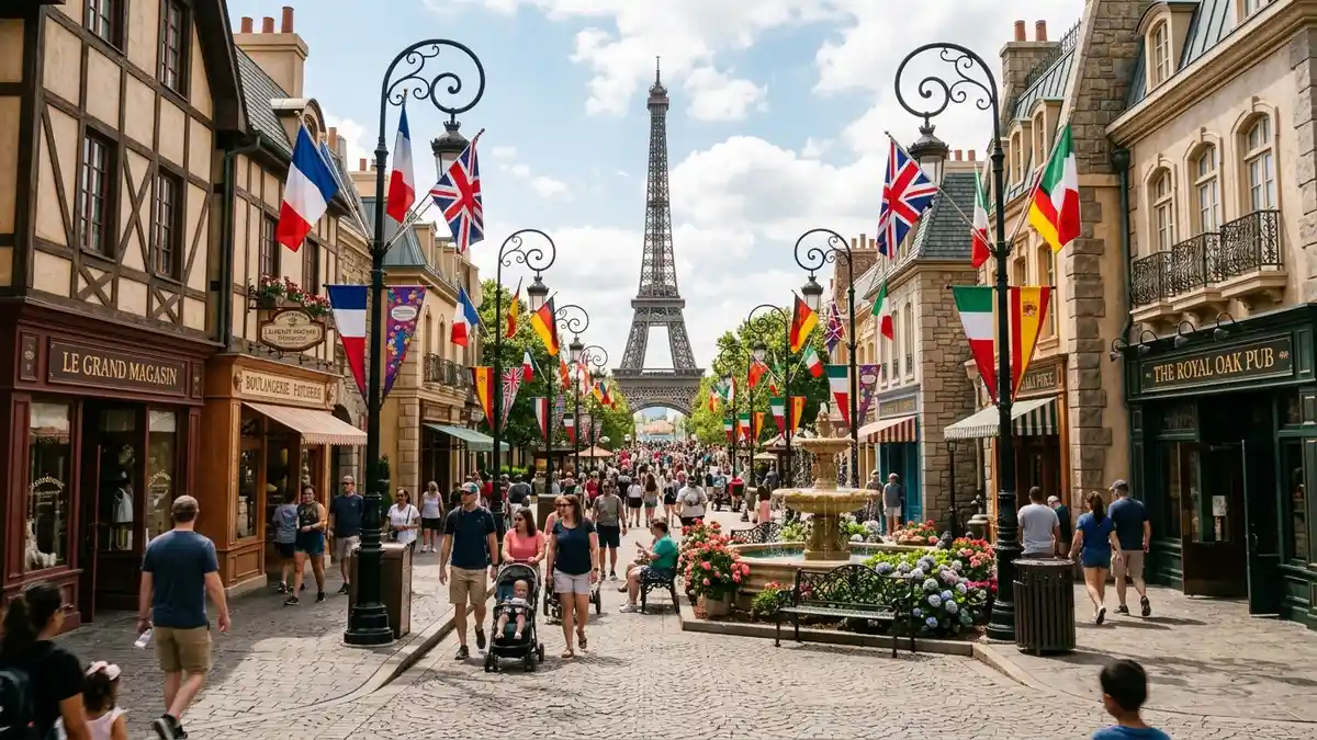 International Street with Royal Fountain and Eiffel Tower replica at Kings Island Mason Ohio