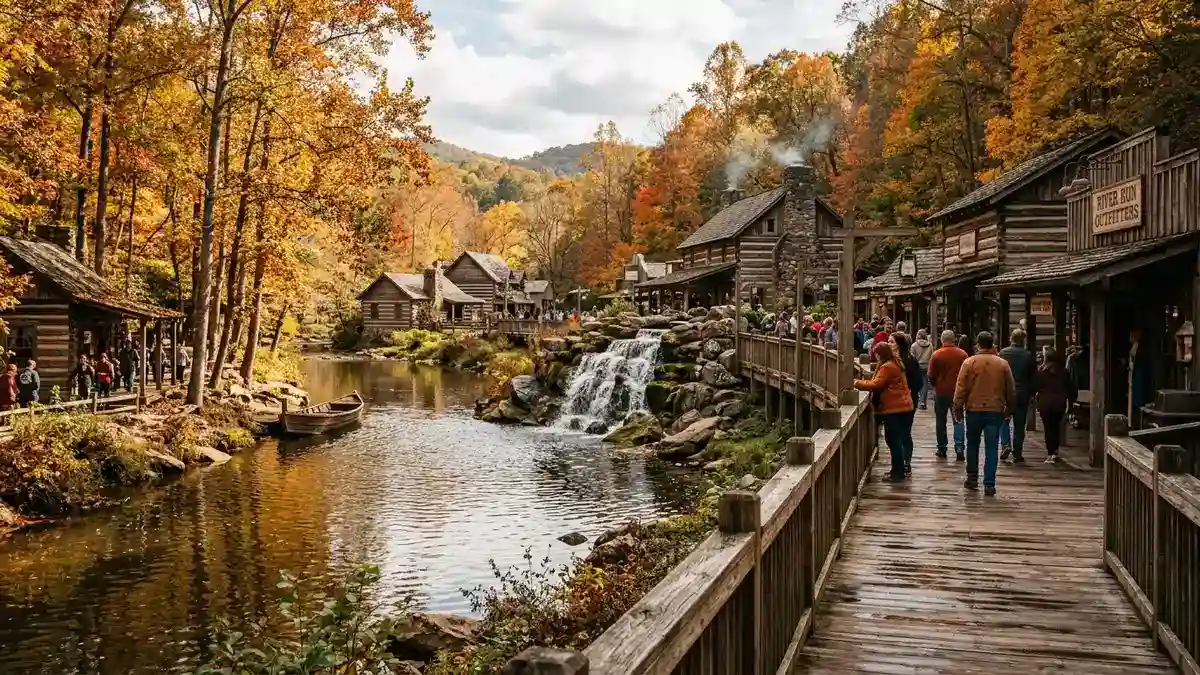Rivertown themed area with wooded pathways and The Beast wooden coaster entrance at Kings Island
