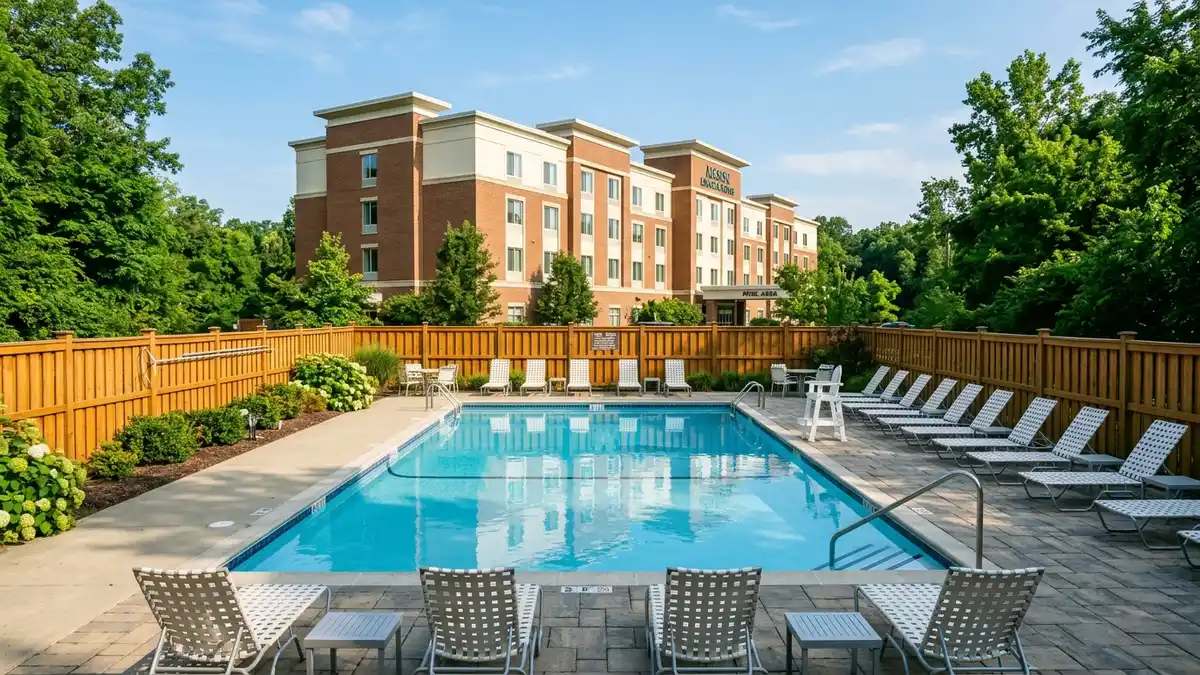 SpringHill Suites Mason exterior with suite-style rooms and pool near Kings Island Ohio