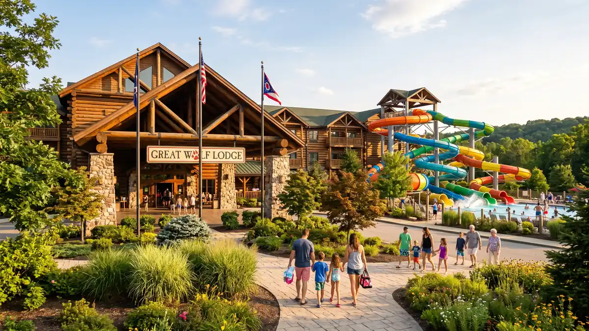 Great Wolf Lodge Mason resort exterior with indoor waterpark and family pools near Kings Island Ohio