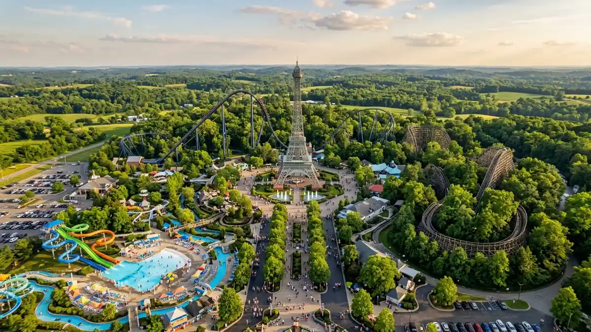 Aerial overview of Kings Island theme park with Eiffel Tower and roller coasters visible in Mason Ohio