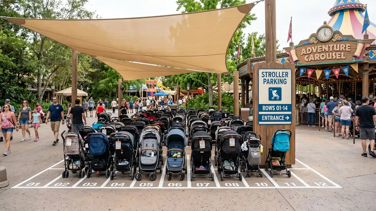 Stroller parking area near ride entrance at Kings Island Mason Ohio