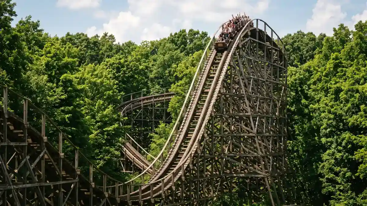 Orion giga coaster 300-foot first drop with blue sky at Kings Island Mason Ohio