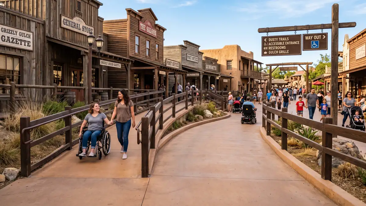 Accessible pathway with wide walkways and stroller-friendly paths through Ghost Town at Knott's Berry Farm