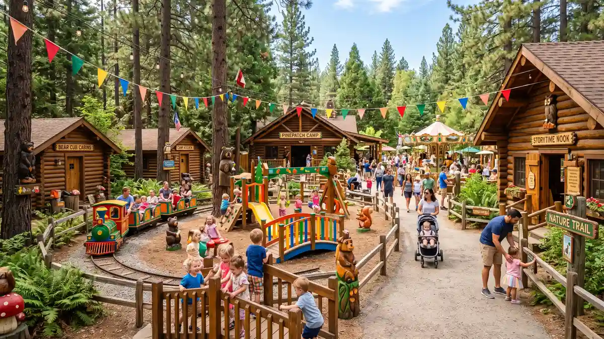 Camp Snoopy kids area with colorful Peanuts-themed rides and Snoopy character at Knott's Berry Farm