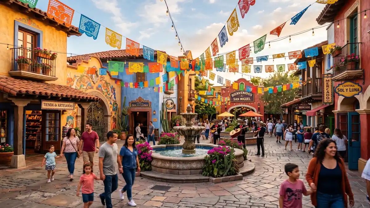 Fiesta Village colorful facades with Jaguar roller coaster winding through at Knott's Berry Farm Buena Park