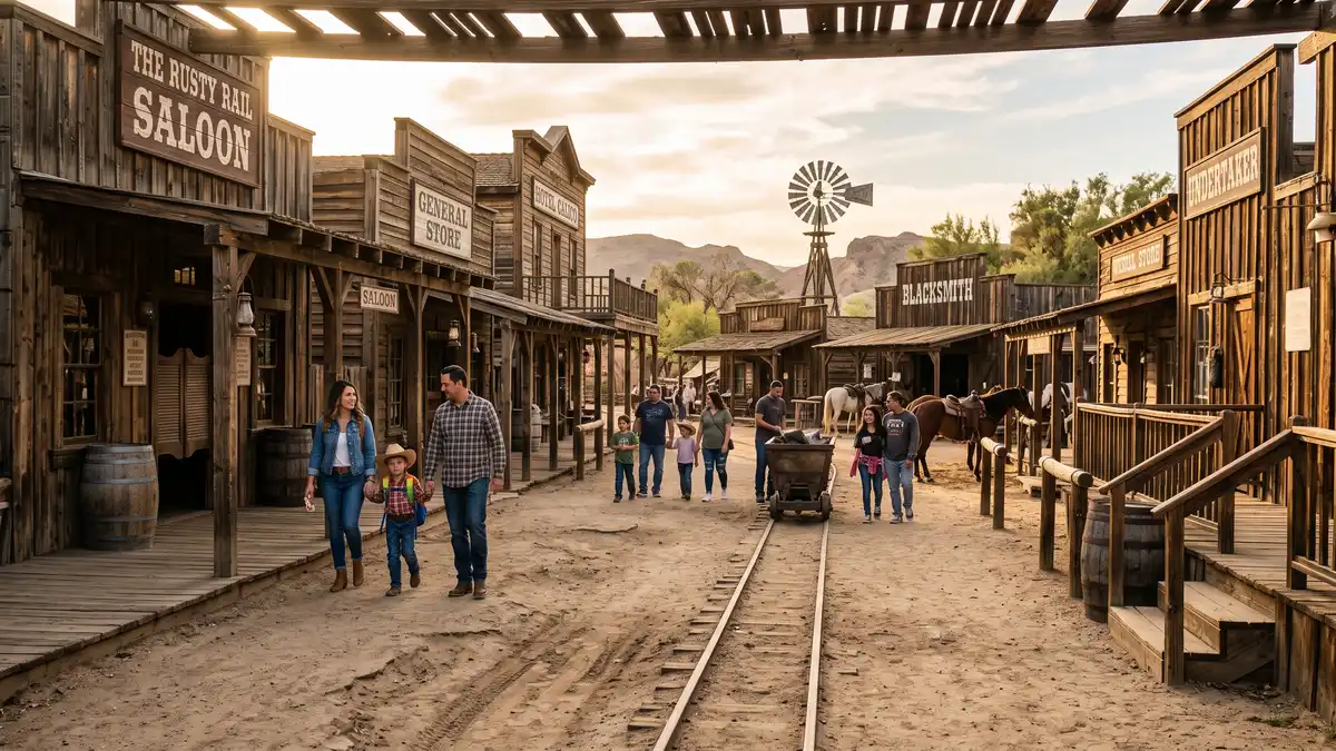 Ghost Town western-themed buildings with original structures and GhostRider coaster at Knott's Berry Farm Buena Park