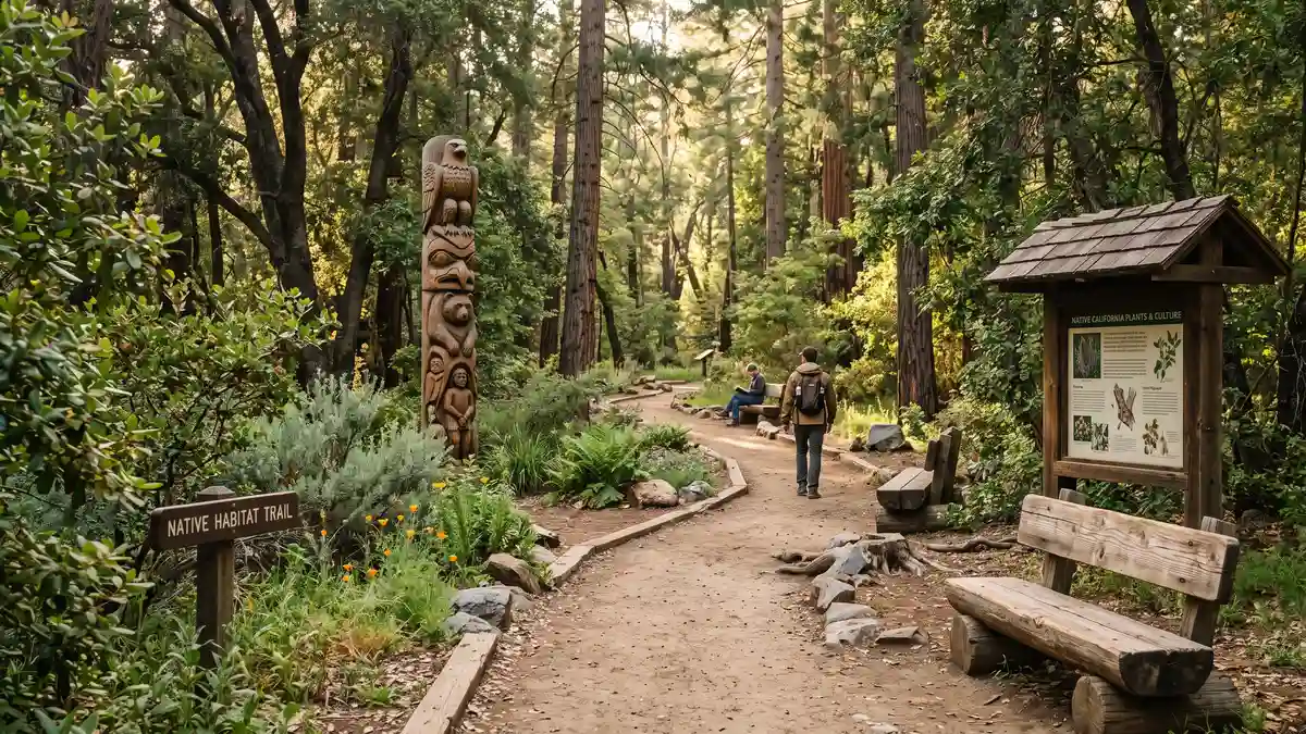 Indian Trails area with Timber Mountain Log Ride entrance surrounded by trees at Knott's Berry Farm