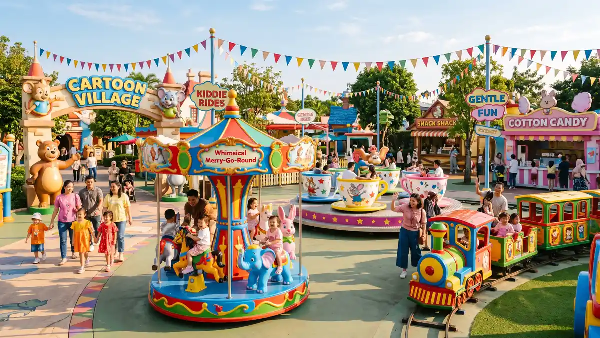 Camp Snoopy kids area with colorful rides and Snoopy character at Knott's Berry Farm Buena Park California