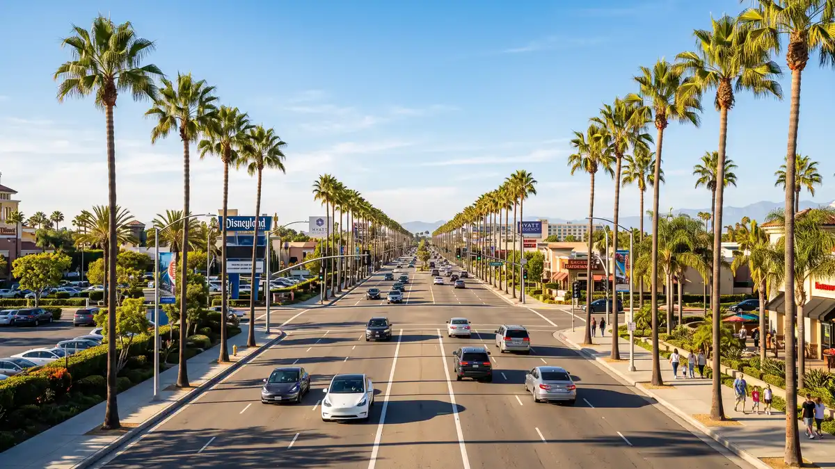 Beach Boulevard entrance road with Knott's Berry Farm signage and parking areas in Buena Park California