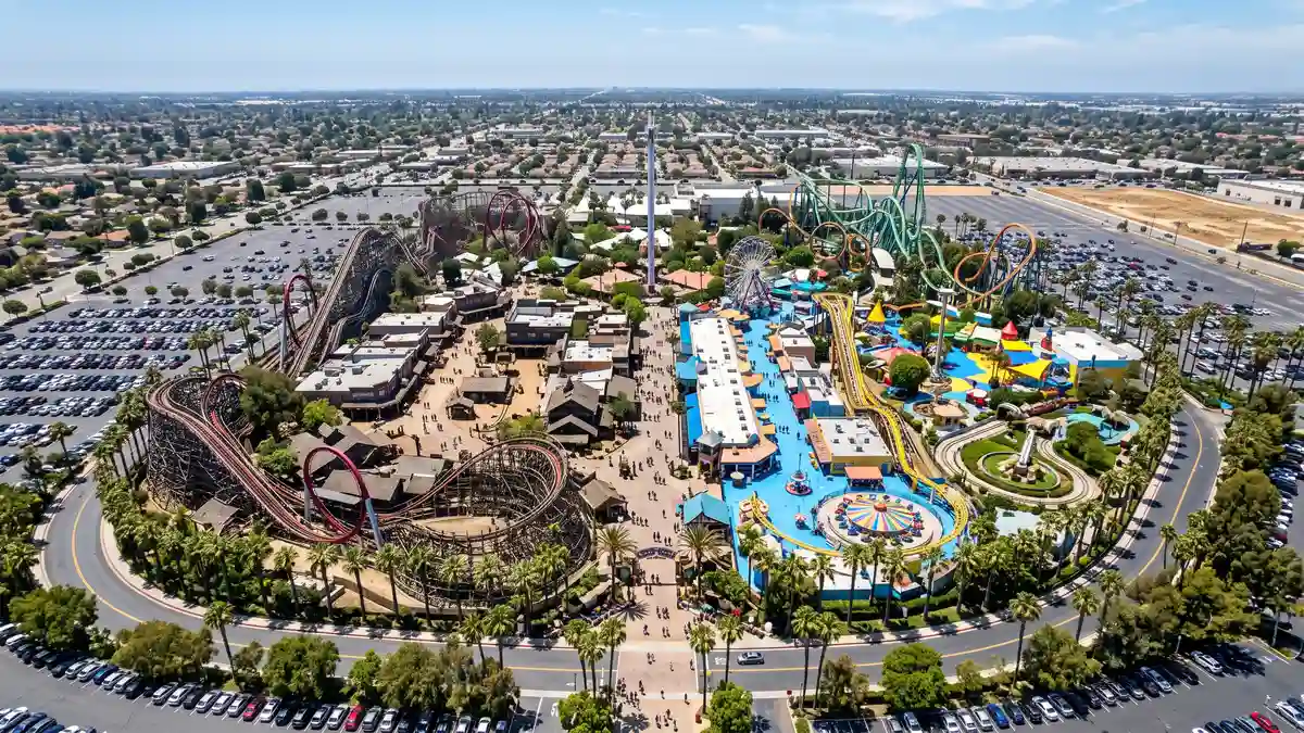 Aerial overview of Knott's Berry Farm showing themed areas and ride layout in Buena Park California