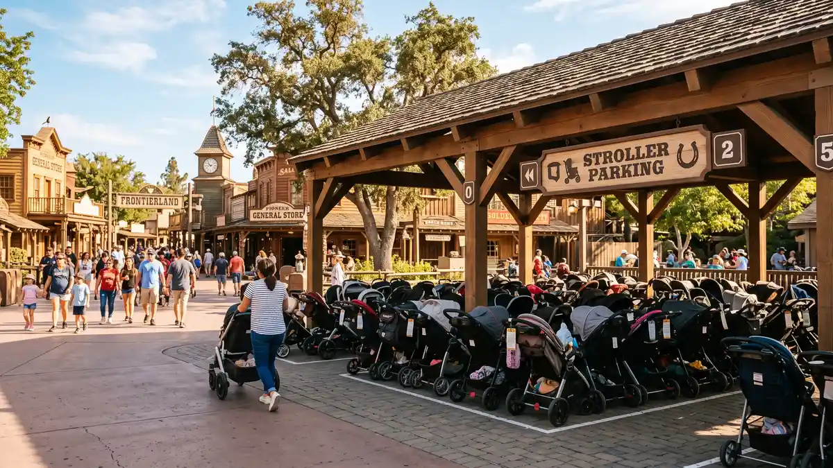 Stroller parking area near Camp Snoopy entrance at Knott's Berry Farm Buena Park California