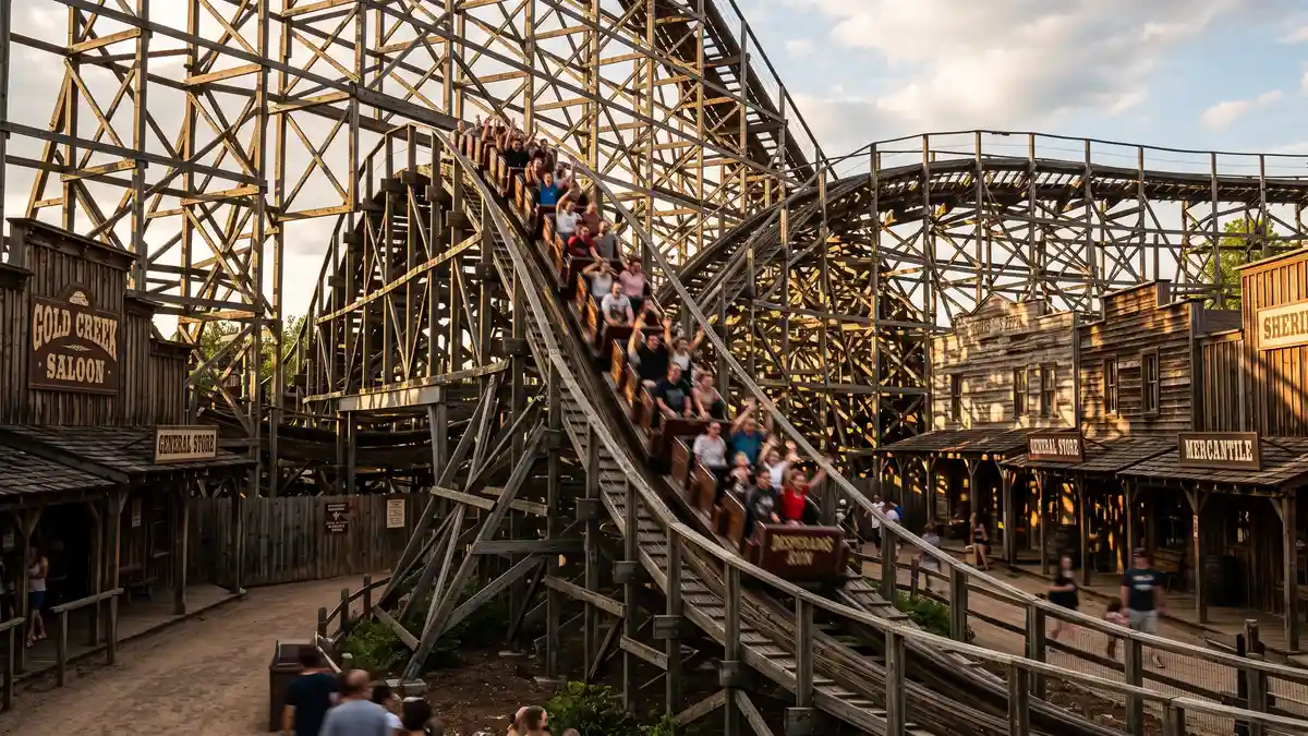 GhostRider wooden roller coaster towering over Ghost Town at Knott's Berry Farm Buena Park California at golden hour