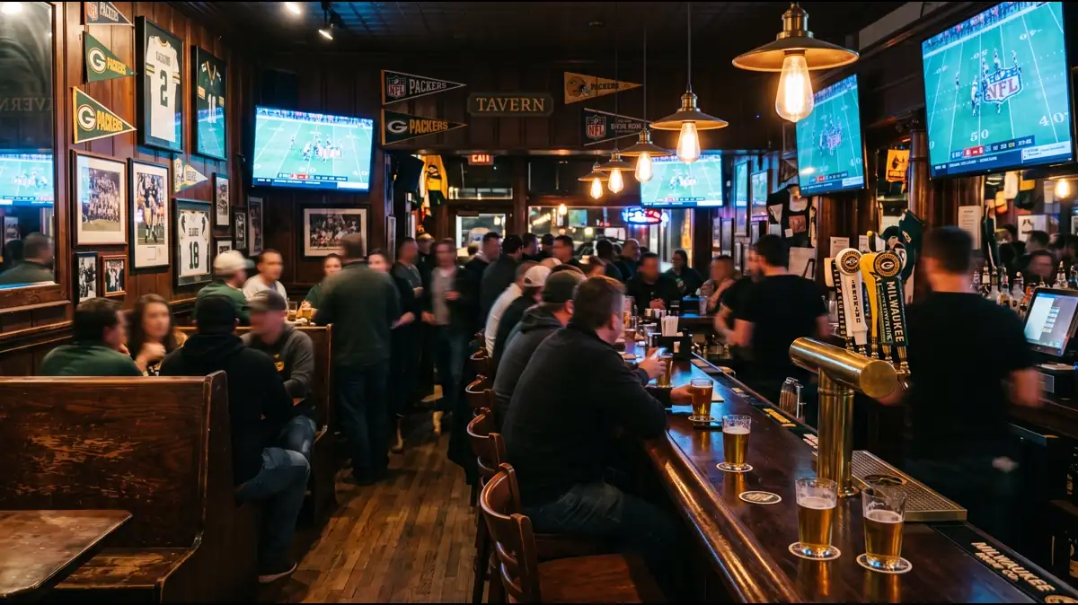 Pre-game bar atmosphere near Lambeau Field