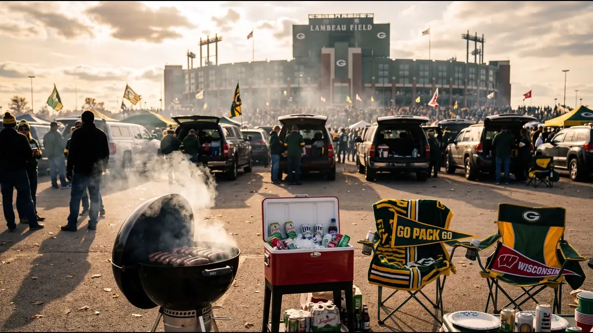Pre-game tailgating atmosphere near Lambeau Field with Wisconsin brats on the grill