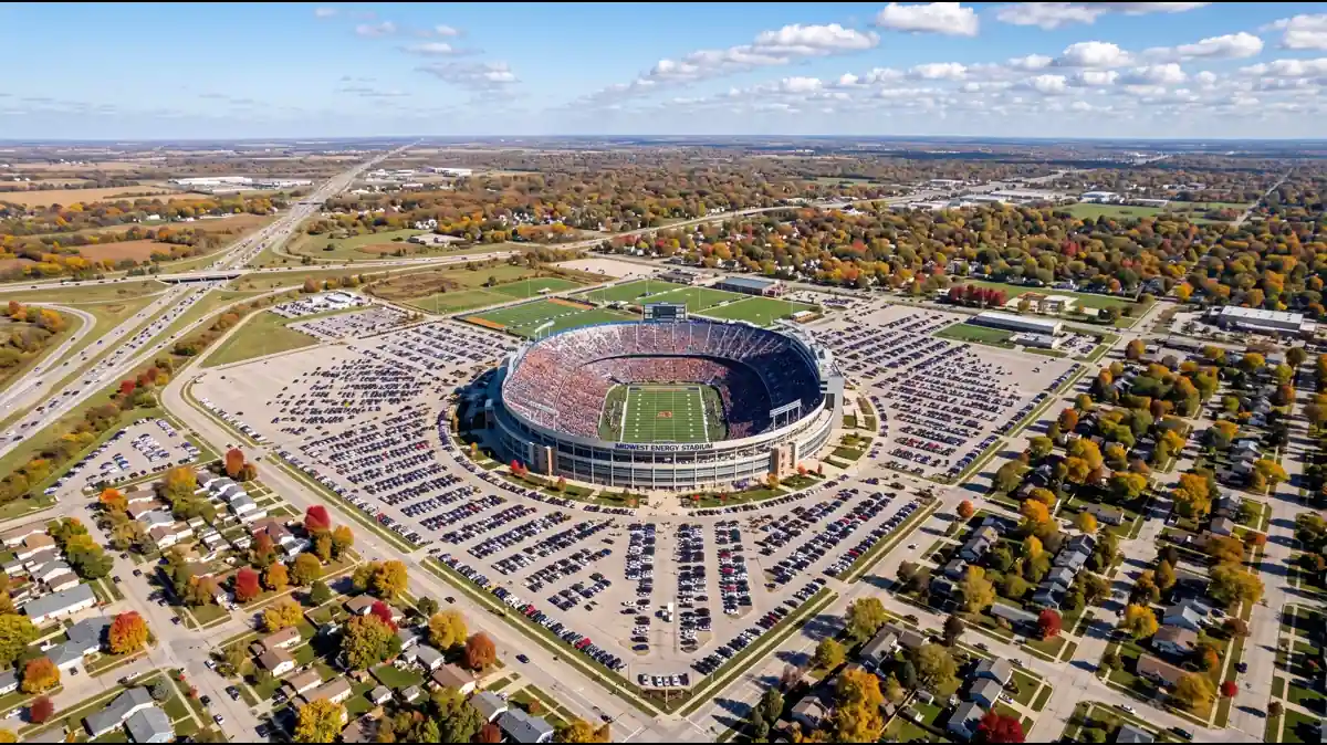 Aerial view of Lambeau Field and surrounding parking lots in Green Bay Wisconsin