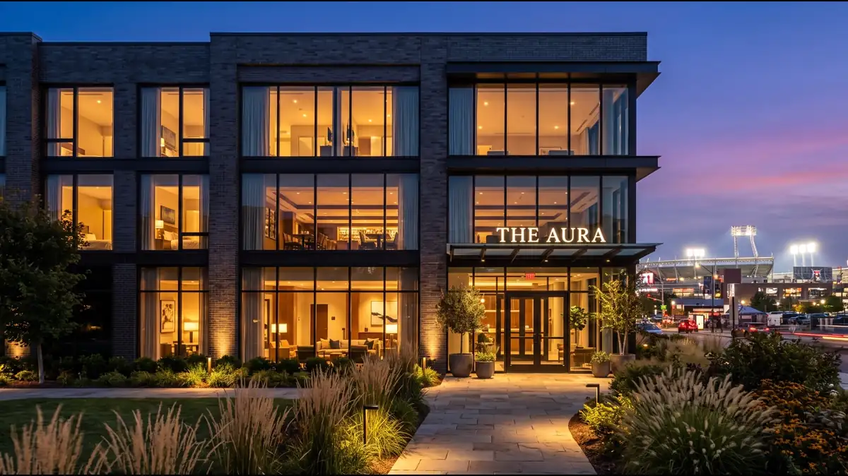 Lodge Kohler hotel in Titletown District next to Lambeau Field at dusk