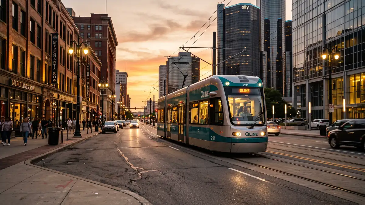 QLINE streetcar on Woodward Avenue approaching Little Caesars Arena in Detroit