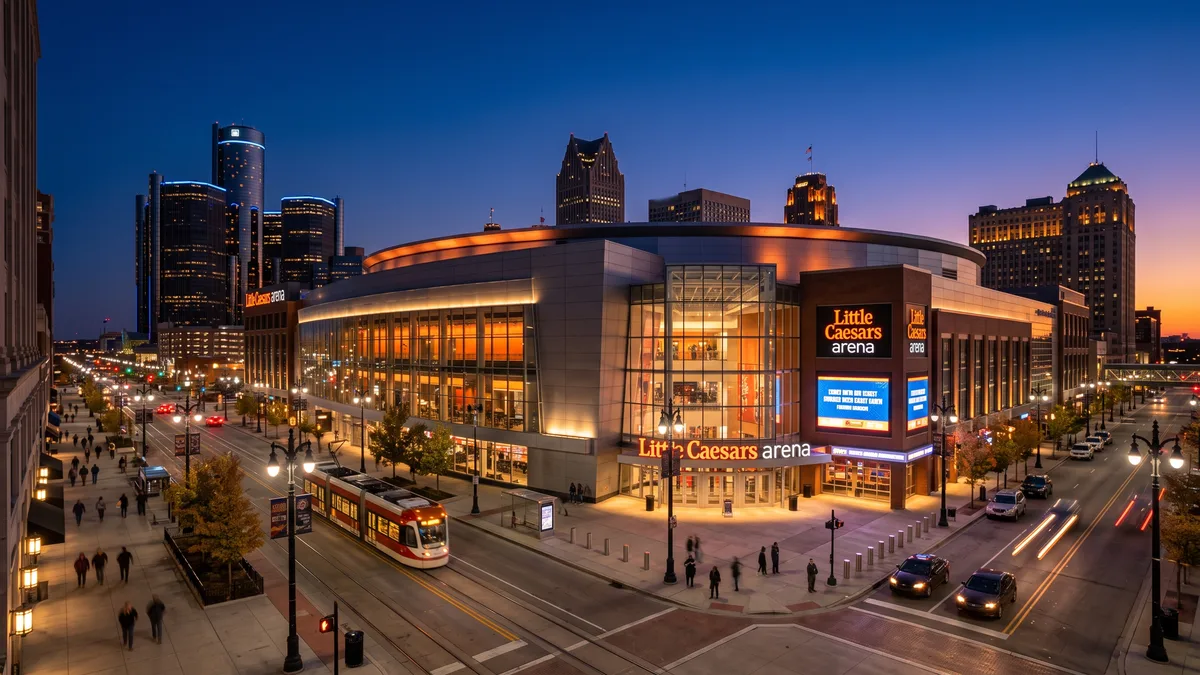 Little Caesars Arena exterior on Woodward Avenue in Detroit at dusk with the District Detroit lit up