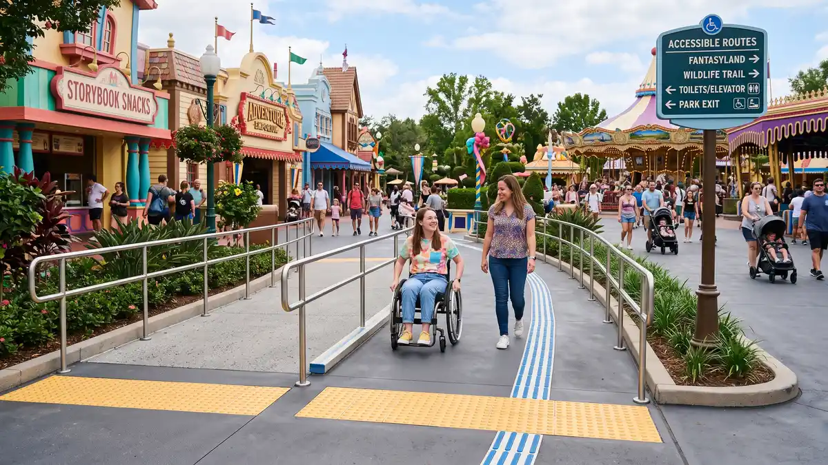 Wide accessible pathway with stroller-friendly surfaces through LEGO themed landscape at LEGOLAND Florida Resort