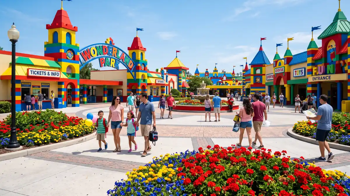 The Beginning entrance area with LEGO brick archway and colorful sculptures at LEGOLAND Florida Resort