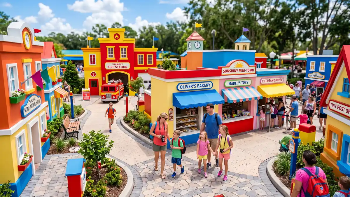 Fun Town area with LEGO Factory Tour building and 4D Cinema at LEGOLAND Florida Resort