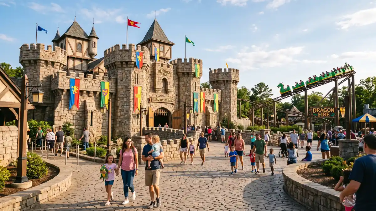 LEGO Kingdoms medieval castle area with The Dragon roller coaster at LEGOLAND Florida Resort