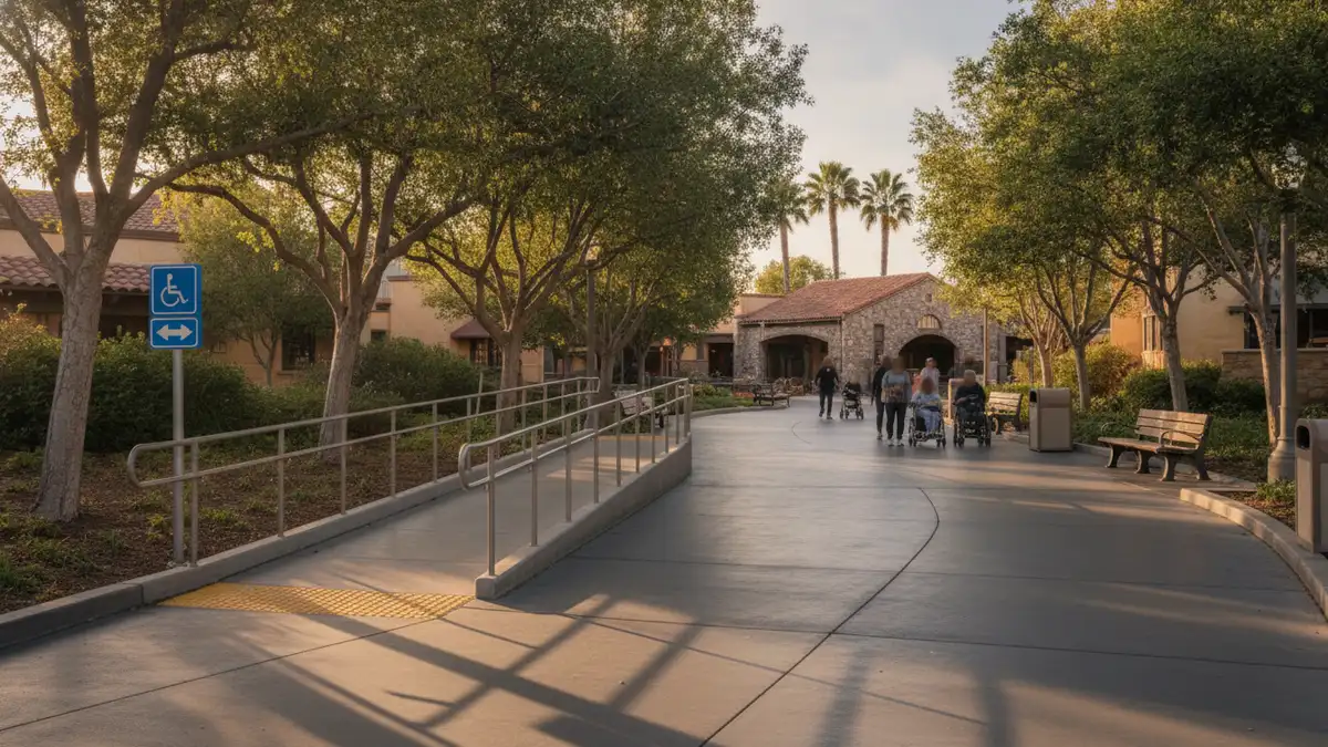 Wide accessible pathway with stroller-friendly surfaces at LEGOLAND California Resort Carlsbad