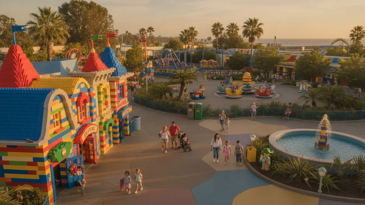 Fun Town area with LEGO Factory Tour building at LEGOLAND California Resort Carlsbad