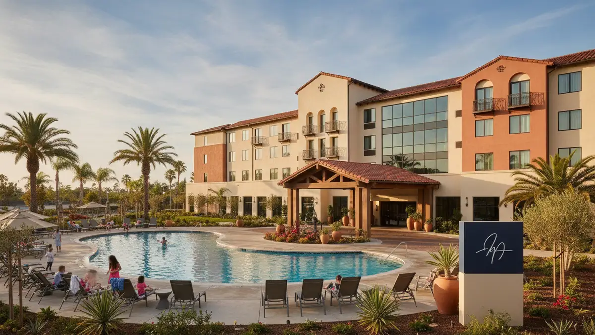 Hampton Inn Carlsbad exterior with family-friendly pool and free breakfast near LEGOLAND California