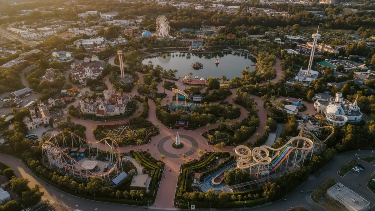 Aerial overview of LEGOLAND California Resort showing themed zones and Pacific Ocean views in Carlsbad