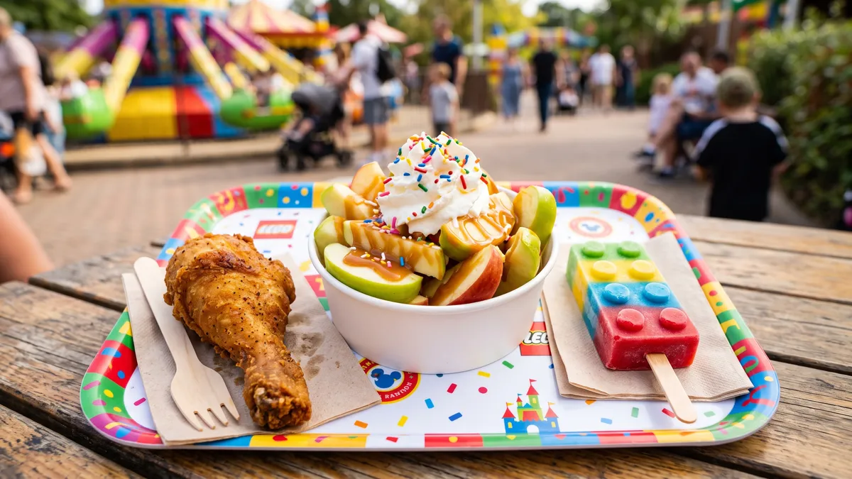 LEGO brick-shaped chicken nuggets with dipping sauce served at Fun Town restaurant at LEGOLAND Florida