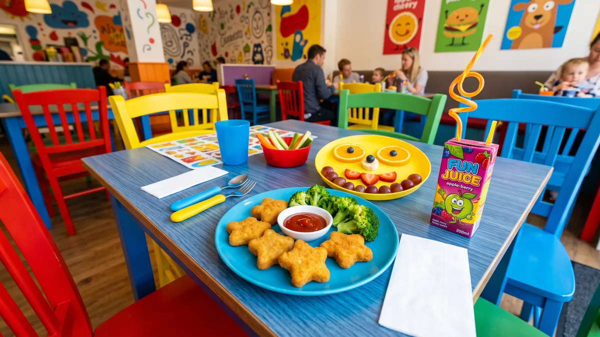 Family dining area with LEGO themed food court and kids enjoying meals at LEGOLAND Florida Resort
