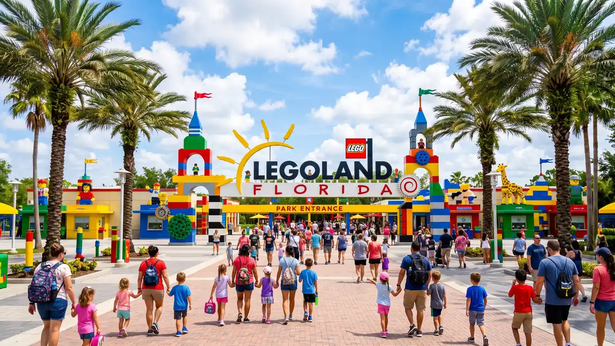 LEGOLAND Florida Resort entrance with colorful LEGO brick sculptures and families at golden hour in Winter Haven Florida