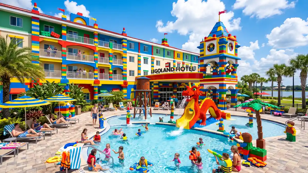 LEGOLAND Hotel exterior with giant LEGO brick sculptures and colorful theming at LEGOLAND Florida Resort Winter Haven