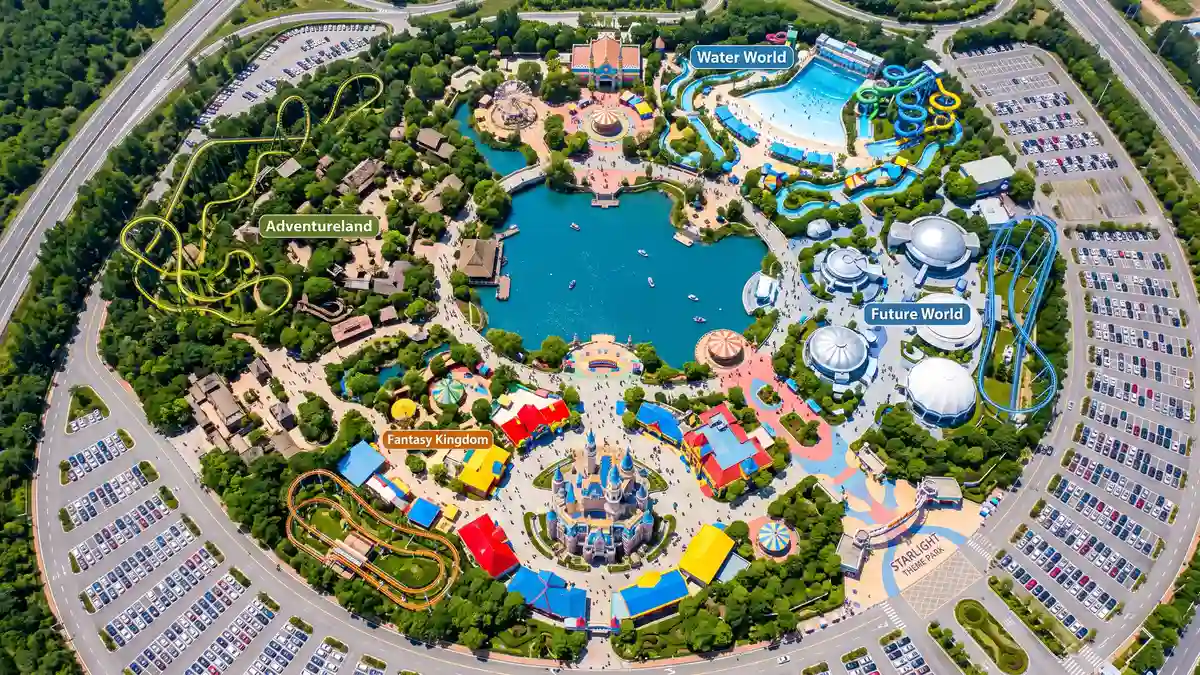 Aerial overview of LEGOLAND Florida Resort showing themed zones and LEGOLAND Water Park in Winter Haven Florida