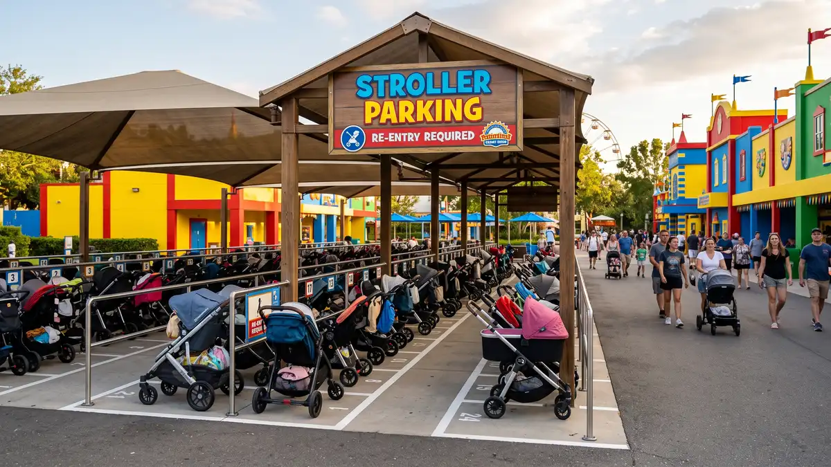 Stroller parking area near LEGO City ride entrance at LEGOLAND Florida Resort Winter Haven