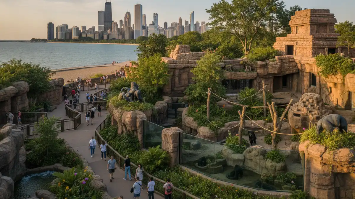 Regenstein Center for African Apes building with glass viewing windows at Lincoln Park Zoo Chicago